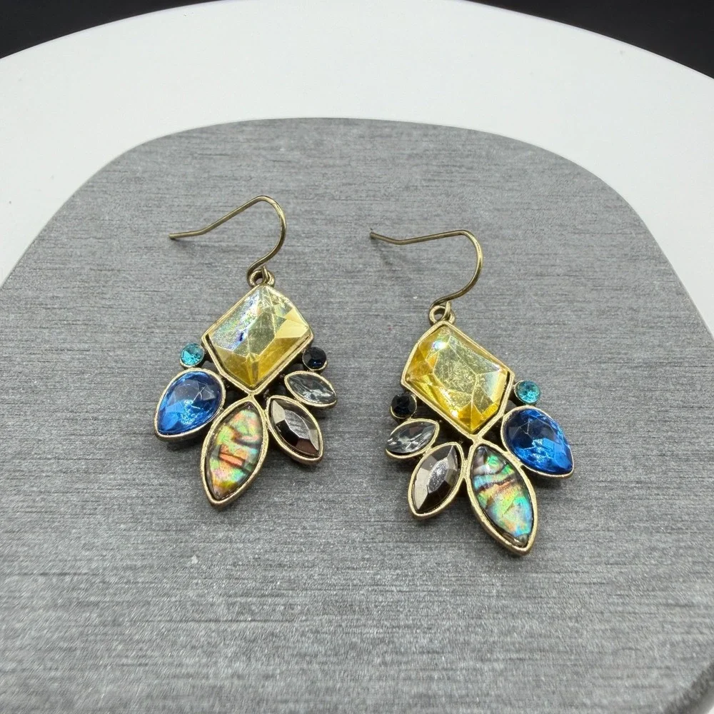 Multicolor Rhinestone Abalone Look Gold Tone Dangle Earrings Boho Statement
